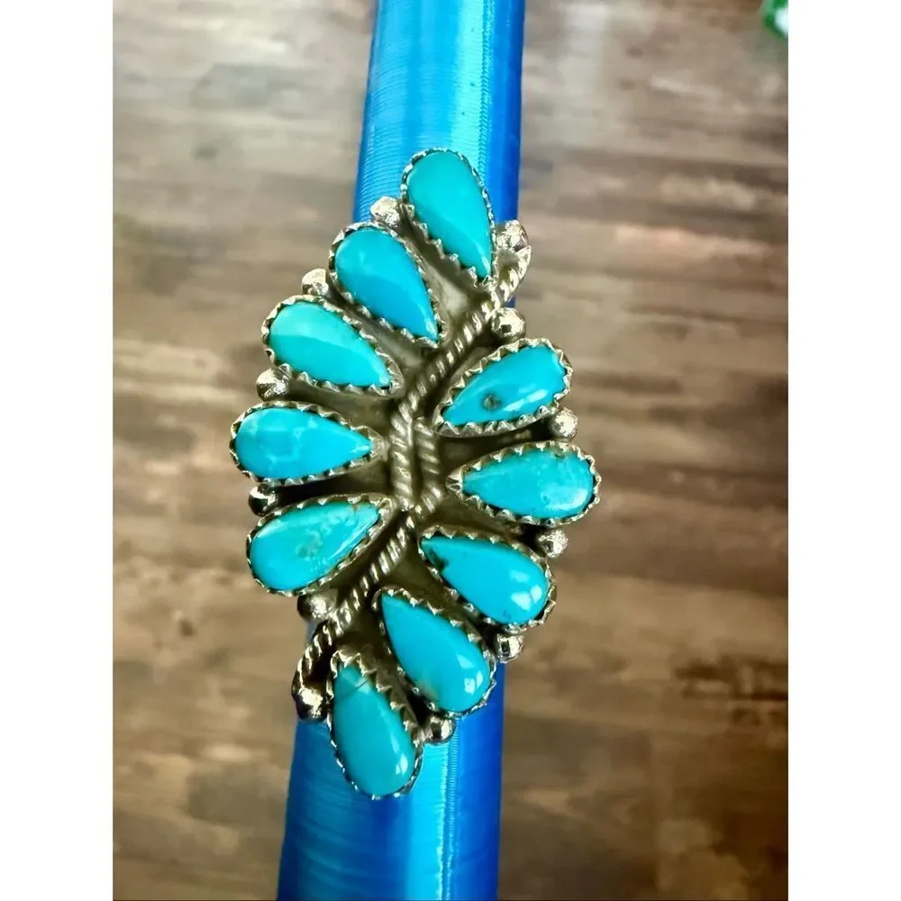 Kingman Turquoise 925 Sterling Silver Ring Statement Southwestern Cluster Size 6